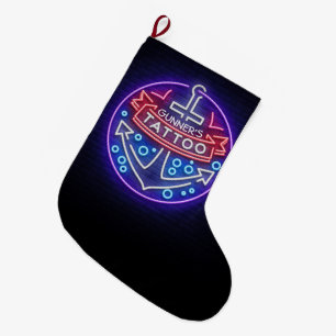 Personalized Tattoo Shop Nautical Neon Sign Style Large Christmas Stocking