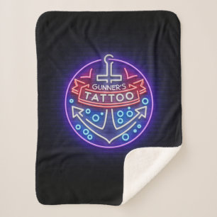 Personalized Tattoo Shop Nautical Neon Sign Style Sherpa Blanket