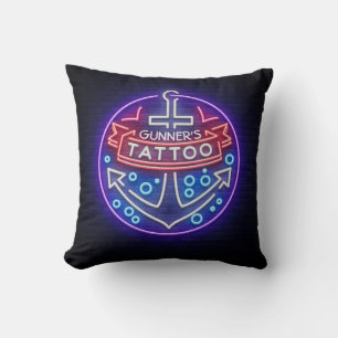 Personalized Tattoo Shop Nautical Neon Sign Style Throw Pillow