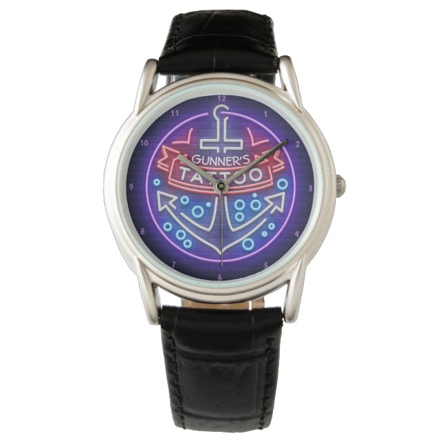 Personalized Tattoo Shop Nautical Neon Sign Style Watch (Front)