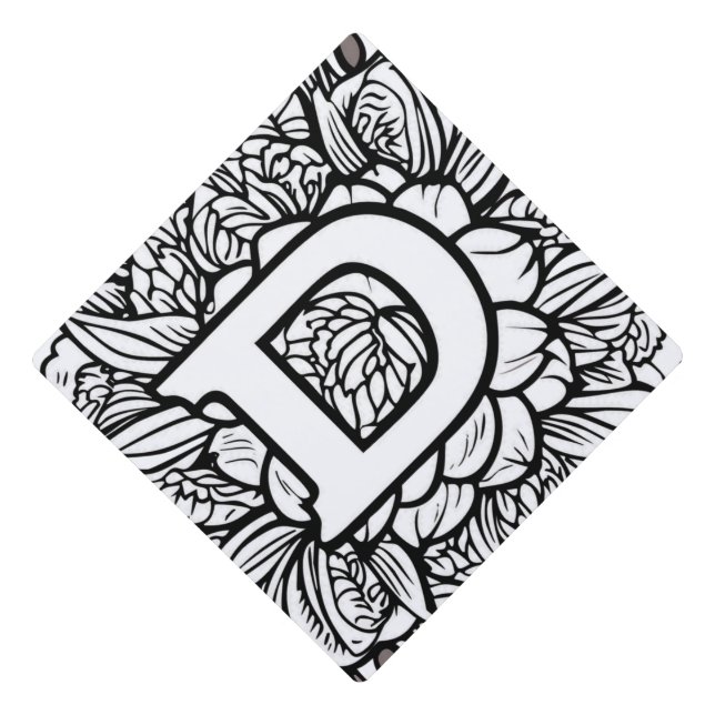 Personalized Tattoo-Style Black and White Monogram Graduation Cap Topper (Front)
