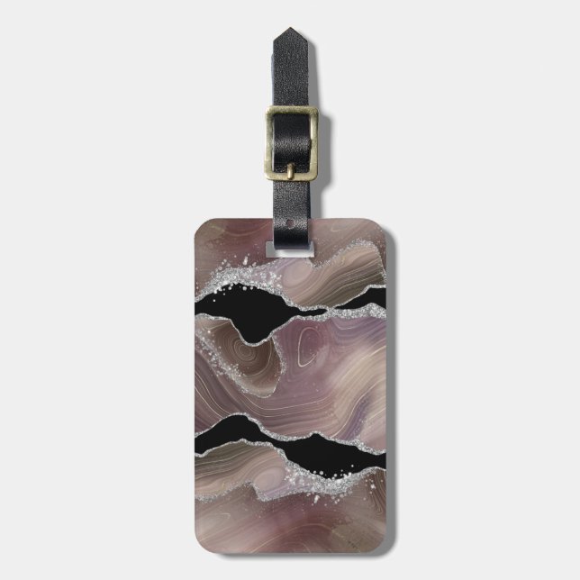 Personalized Taupe & Black Agate Silver Glitter Luggage Tag (Front Vertical)