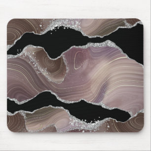 Personalized Taupe & Black Agate Silver Glitter Mouse Pad