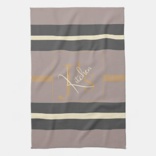 Personalized Taupe Gold Stripe Modern Neutral Chic Kitchen Towel