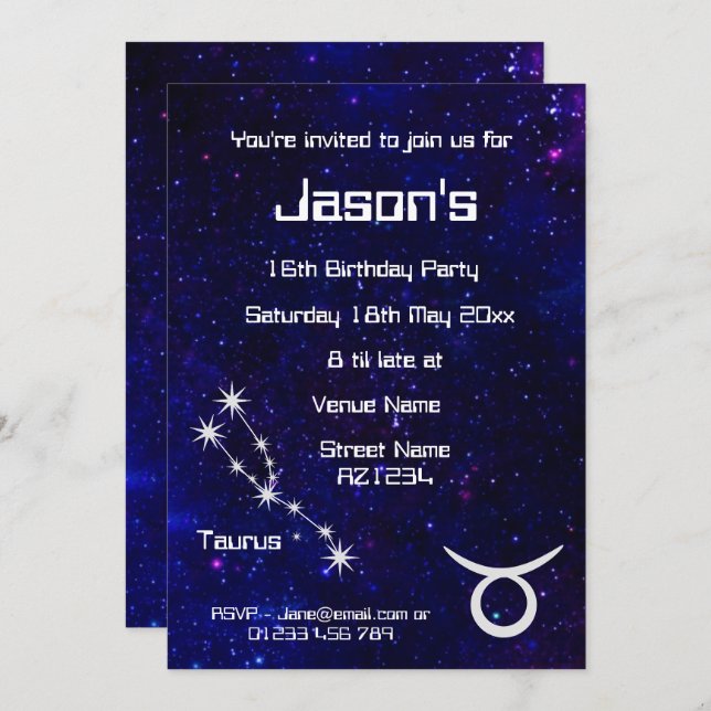 Personalized Taurus Zodiac Galaxy Party Invitation (Front/Back)