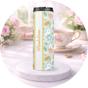 Personalized Tea Book Cat Green Girly Cute Pastel Thermal Tumbler