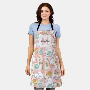 Personalized Tea & Bookish Cats Pink Girl Kitchen Apron