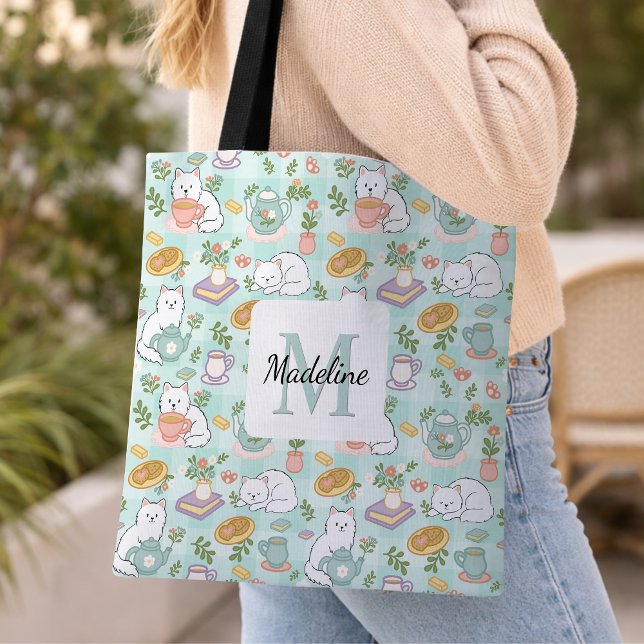 Personalized Tea Bookish Cats Tote Bag Mint Green (Créateur téléchargé)