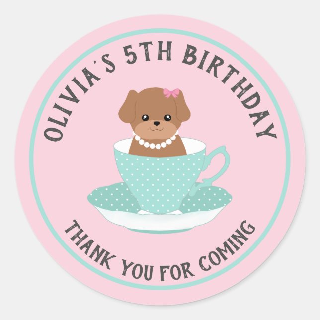 Personalized Tea Cup Puppy Birthday Stickers (Front)