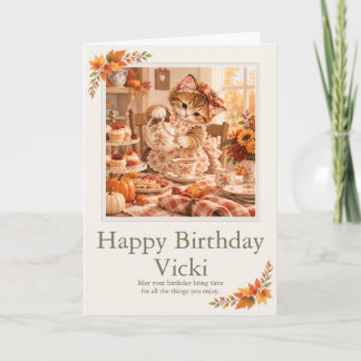 Personalized Tea Party Kitten Birthday Card 