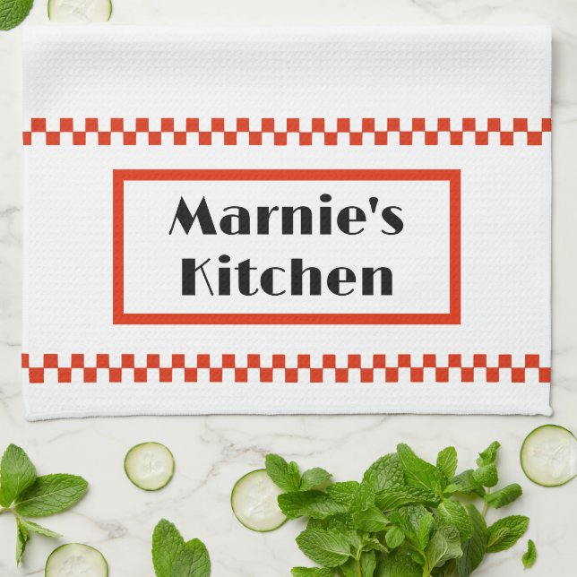 Personalized Tea Towel of black and red on white (Folded)