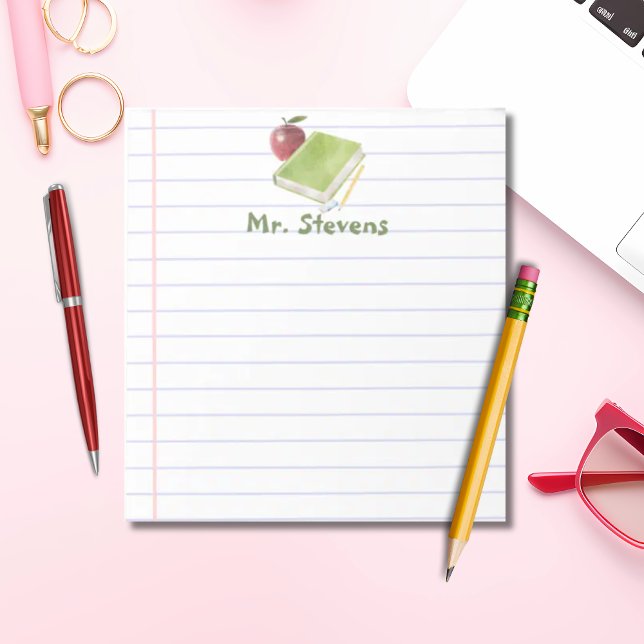 Personalized teacher apple and book back to school notepad (Teacher Lined Notepad Personalized Watercolor book design)