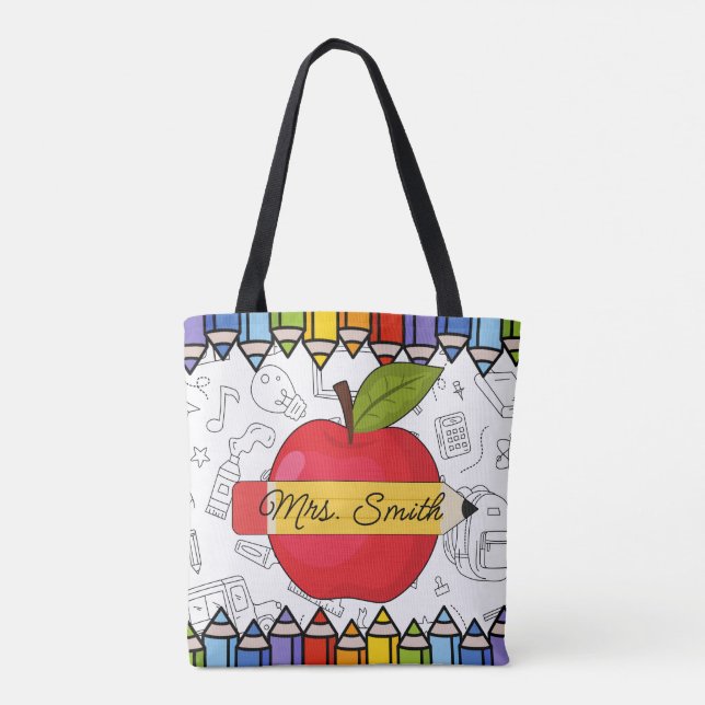 Personalized Teacher Apple Big Heart Tote Bag (Back)