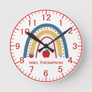 Personalized Teacher Apple Rainbow Round Clock