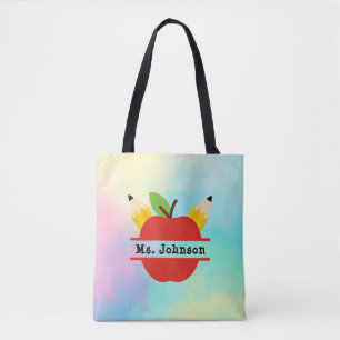 Personalized Teacher Apple   Watercolor Rainbow Tote Bag