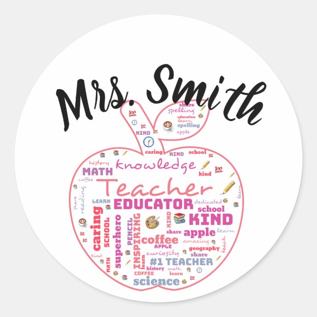 Personalized Teacher Apple Word Art  Classic Round Sticker (Front)