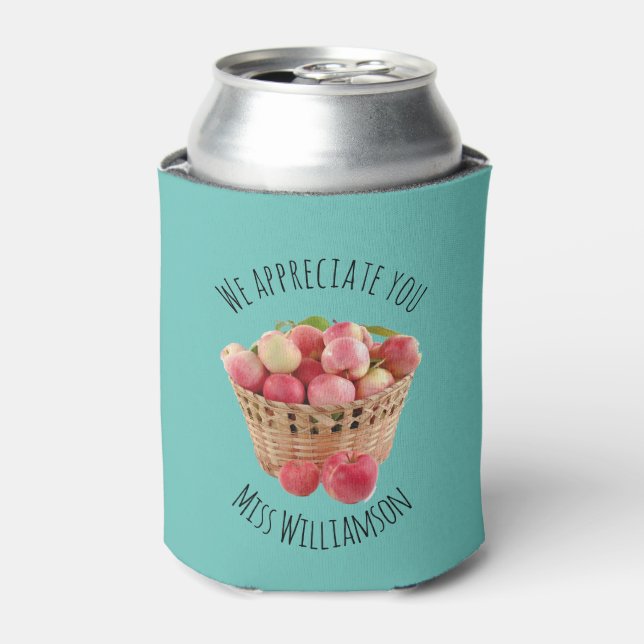 Personalized TEACHER APPRECIATION Apples TEAL Can Cooler (Can Front)