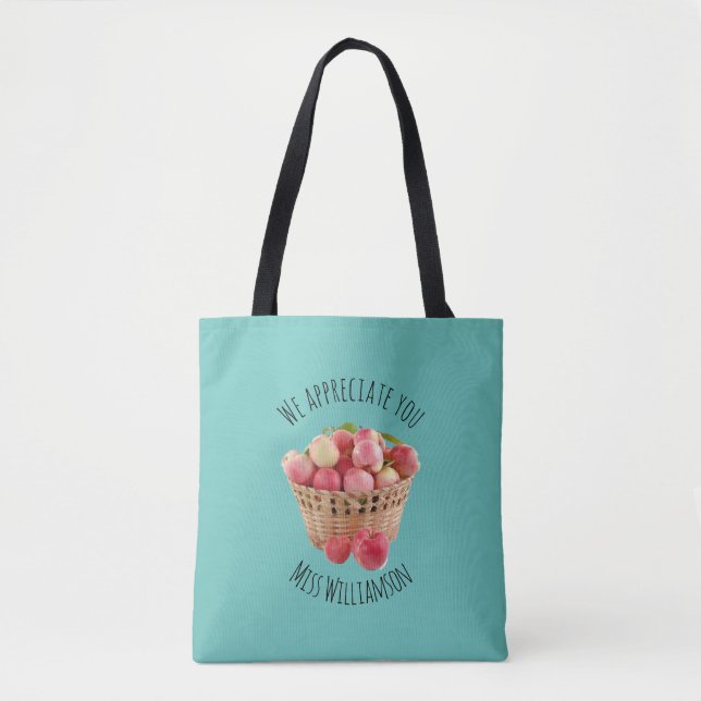 Personalized TEACHER APPRECIATION Apples TEAL Tote Bag (Front)