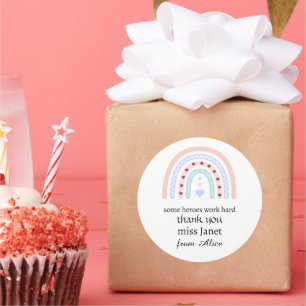 Personalized Teacher Christmas Pink Rainbow Hearts Classic Round Sticker