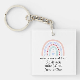 Personalized Teacher Christmas Pink Rainbow Hearts Keychain