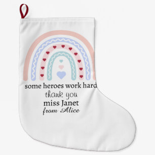 Personalized Teacher Christmas Pink Rainbow Hearts Large Christmas Stocking