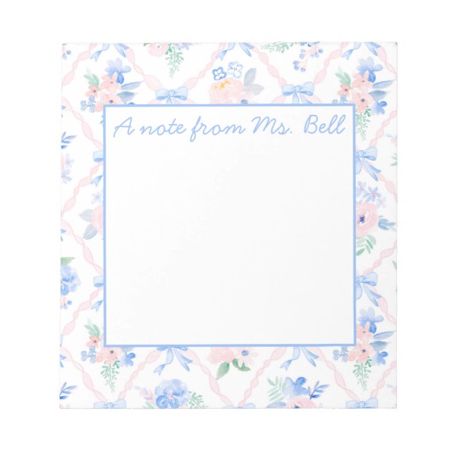 Personalized Teacher Floral Ribbon Bows  Notepad (Front)