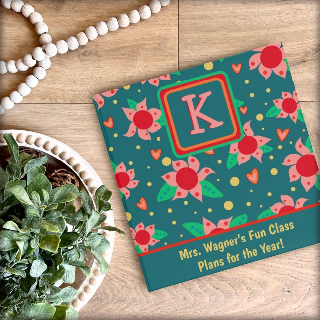 Personalized Teacher Fun Pink Flowers Initial Name Binder (Creator Uploaded)
