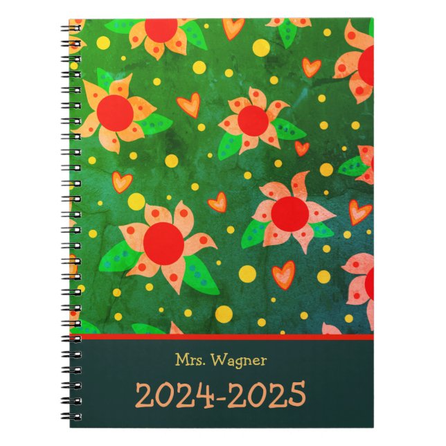 Personalized Teacher Fun Retro Flowers Green  Notebook (Front)