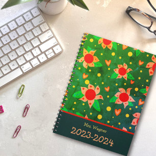 Personalized Teacher Fun Retro Flowers Green  Planner