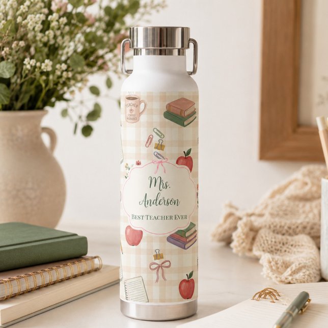 Personalized Teacher Gift Floral Gingham Water Bottle (Creator Uploaded)
