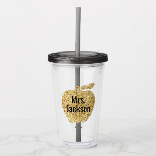 Personalized Teacher Gold Faux Glitter Apple Acrylic Tumbler
