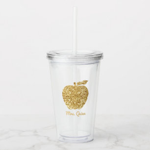 Personalized Teacher Gold Faux Sequin Apple Acrylic Tumbler