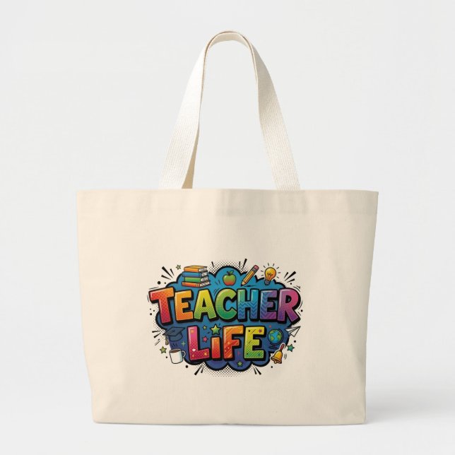 Personalized Teacher Life Pop Art Comic Style Large Tote Bag (Front)
