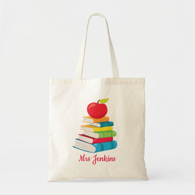 Personalized Teacher Name  Books Apple School Gift Tote Bag (Front)