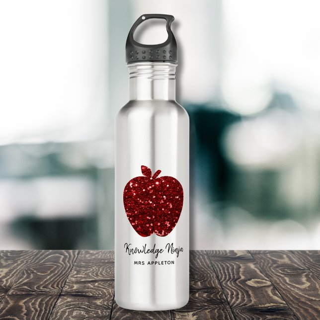 Personalized Teacher Name Red Apple Faux Glitter  710 Ml Water Bottle (Replace Text and name to personalize.  Matching items available)