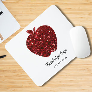 Personalized Teacher Name Red Apple Faux Glitter  Mouse Pad