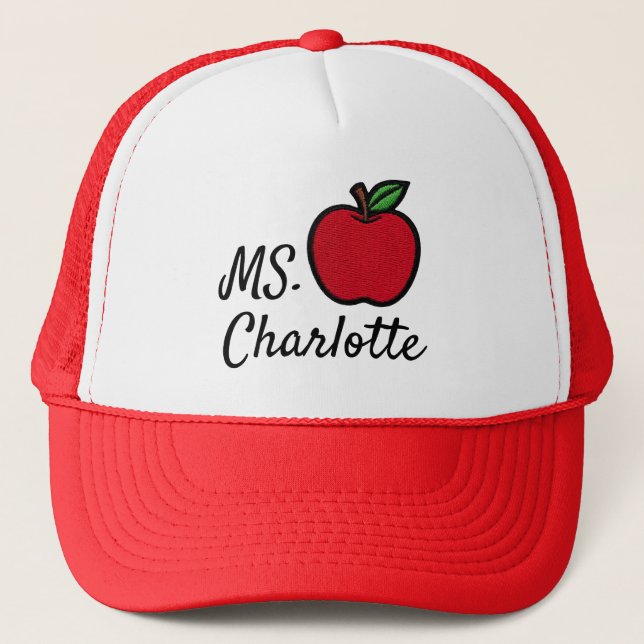 Personalized Teacher Name Red Apple Quarter Trucker Hat (Front)