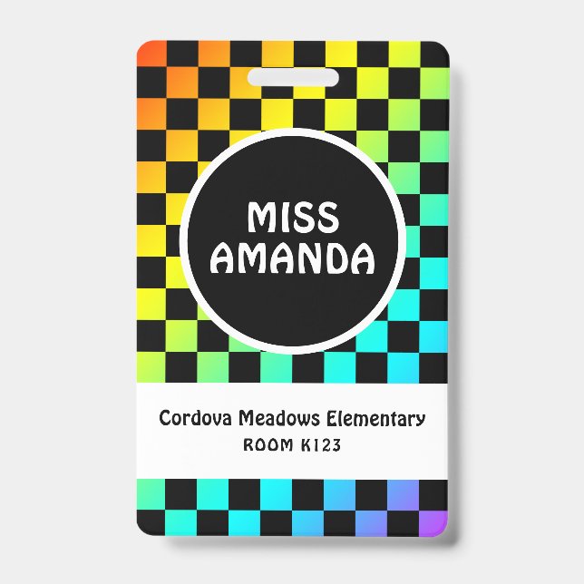 Personalized Teacher Name Tag ID Badge Chequered (Front)