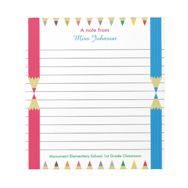 Personalized Teacher Notepad Colourful Pencils (Front)
