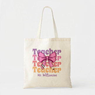 Personalized Teacher Pink Coquette Bow Tote Bag