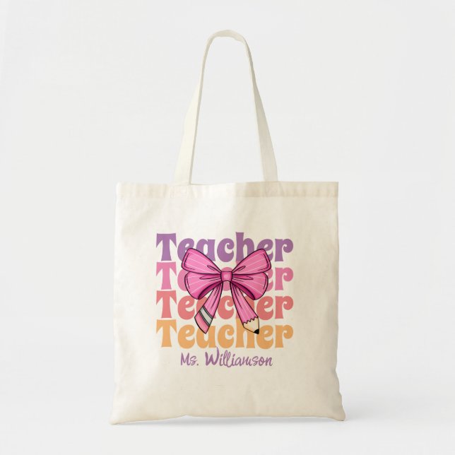 Personalized Teacher Pink Coquette Bow Tote Bag (Front)