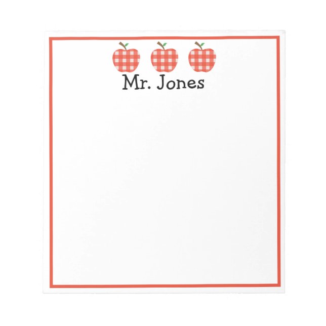 Personalized Teacher Red Apple Gingham Plaid Notep Notepad (Front)