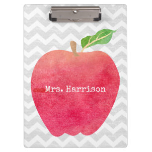Personalized Teacher Red Apple Grey Chevron Clipboard