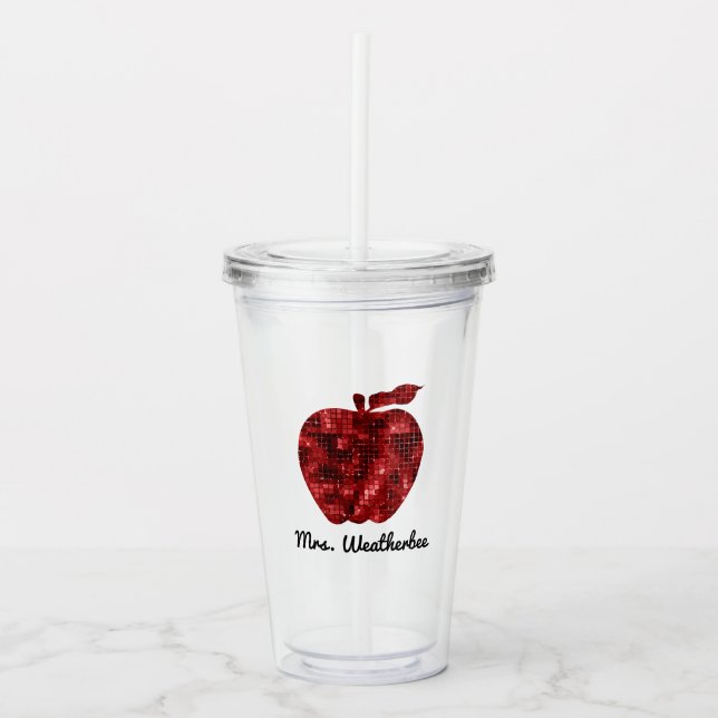 Personalized Teacher Red Faux Sequin Apple Acrylic Tumbler (Front)