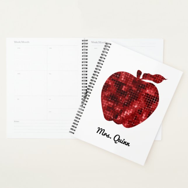 Personalized Teacher Red Faux Sequin Apple Planner (Display)