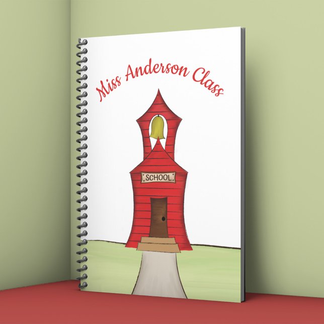 Personalized Teacher Schoolhouse Class Notebook (Personalized teacher notebook with red schoolhouse illustration and custom class name.)