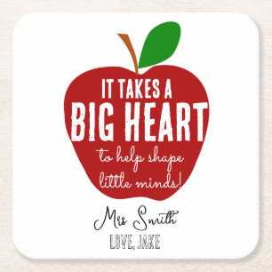 Personalized Teacher Thank You Apple big heart Square Paper Coaster