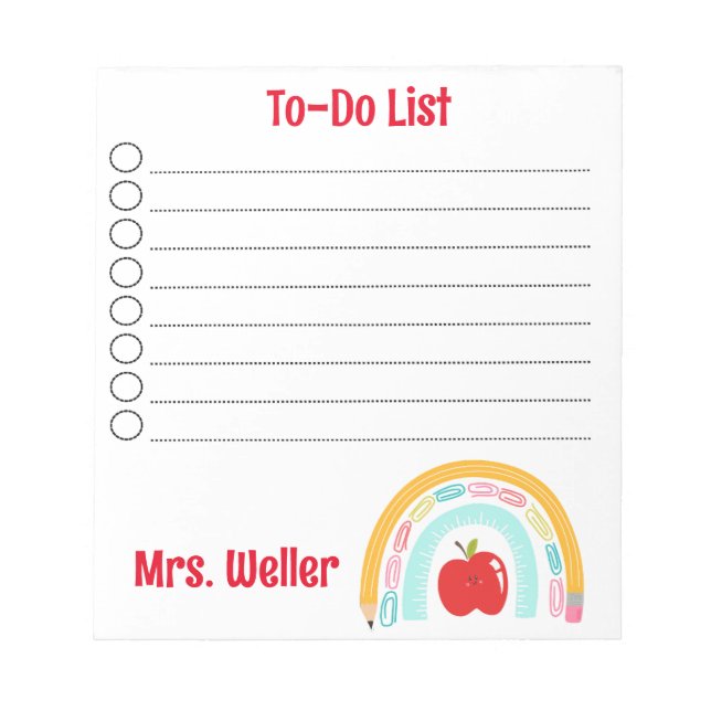 Personalized Teacher To-Do List Rainbow Apple Notepad (Front)