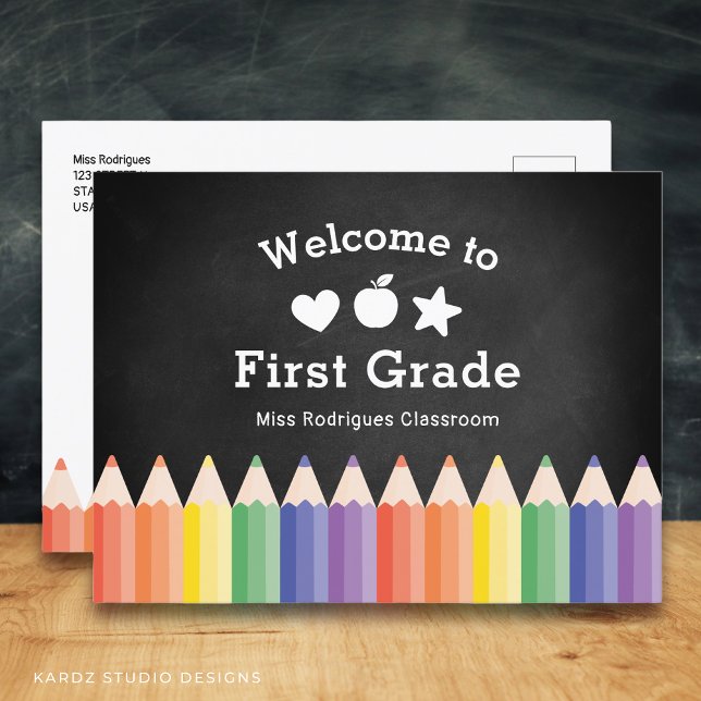 Personalized Teacher Welcome Back to First Grade Postcard (Edit school grade, teacher name and school name. Add your address and message on de back.)