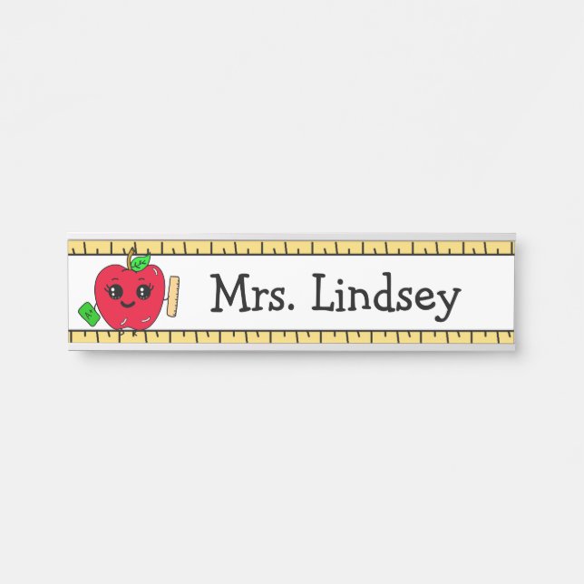 Personalized Teacher's Cartoon Apple and Ruler Door Sign (Front)